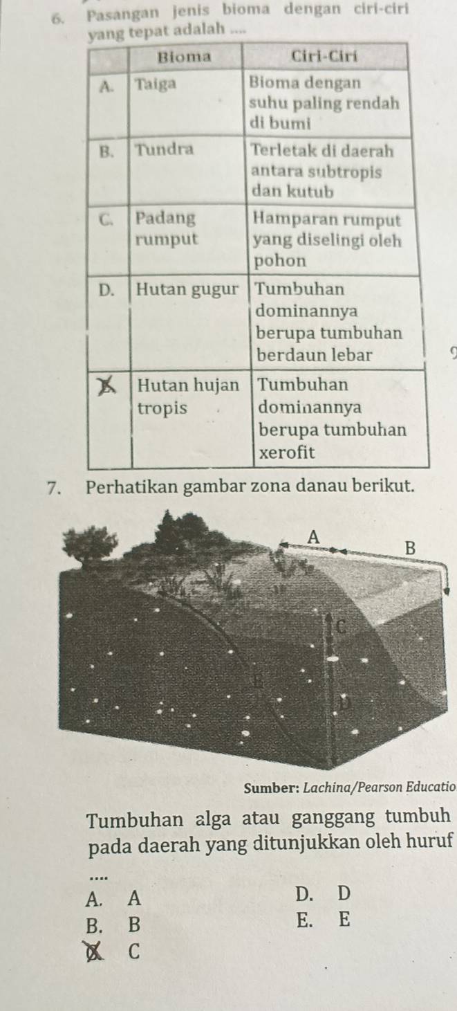 Pasangan jenis bioma dengan ciri-ciri
7. Perhatikan gambar zona danau berikut.
Sumber: Lachina/Pearson Educatio
Tumbuhan alga atau ganggang tumbuh
pada daerah yang ditunjukkan oleh huruf
..
A. A D. D
B. B E. E
C