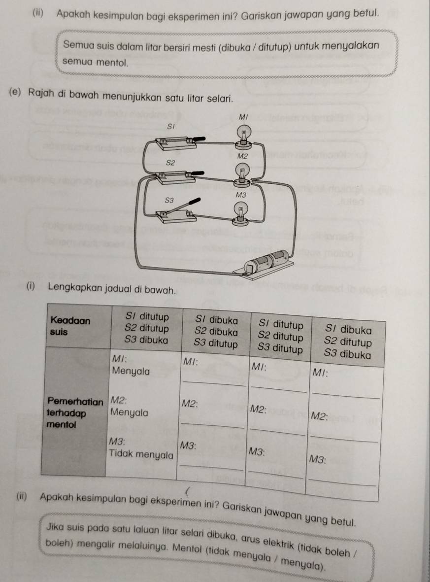 (ii) Apakah kesimpulan bagi eksperimen ini? Gariskan jawapan yang betul. 
Semua suis dalam litar bersiri mesti (dibuka / ditutup) untuk menyalakan 
semua mentol. 
(e) Rajah di bawah menunjukkan satu litar selari. 
(i) Lengkapkan jual di bawah. 
(iskan jawapan yang betul. 
Jika suis pada satu laluan litar selari dibuka, arus elektrik (tidak boleh / 
boleh) mengalir melaluinya. Mentol (tidak menyala / menyala).