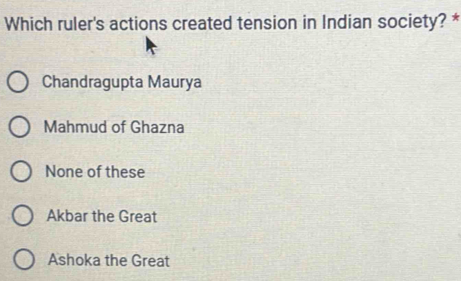 Which ruler's actions created tension in Indian society? *
Chandragupta Maurya
Mahmud of Ghazna
None of these
Akbar the Great
Ashoka the Great