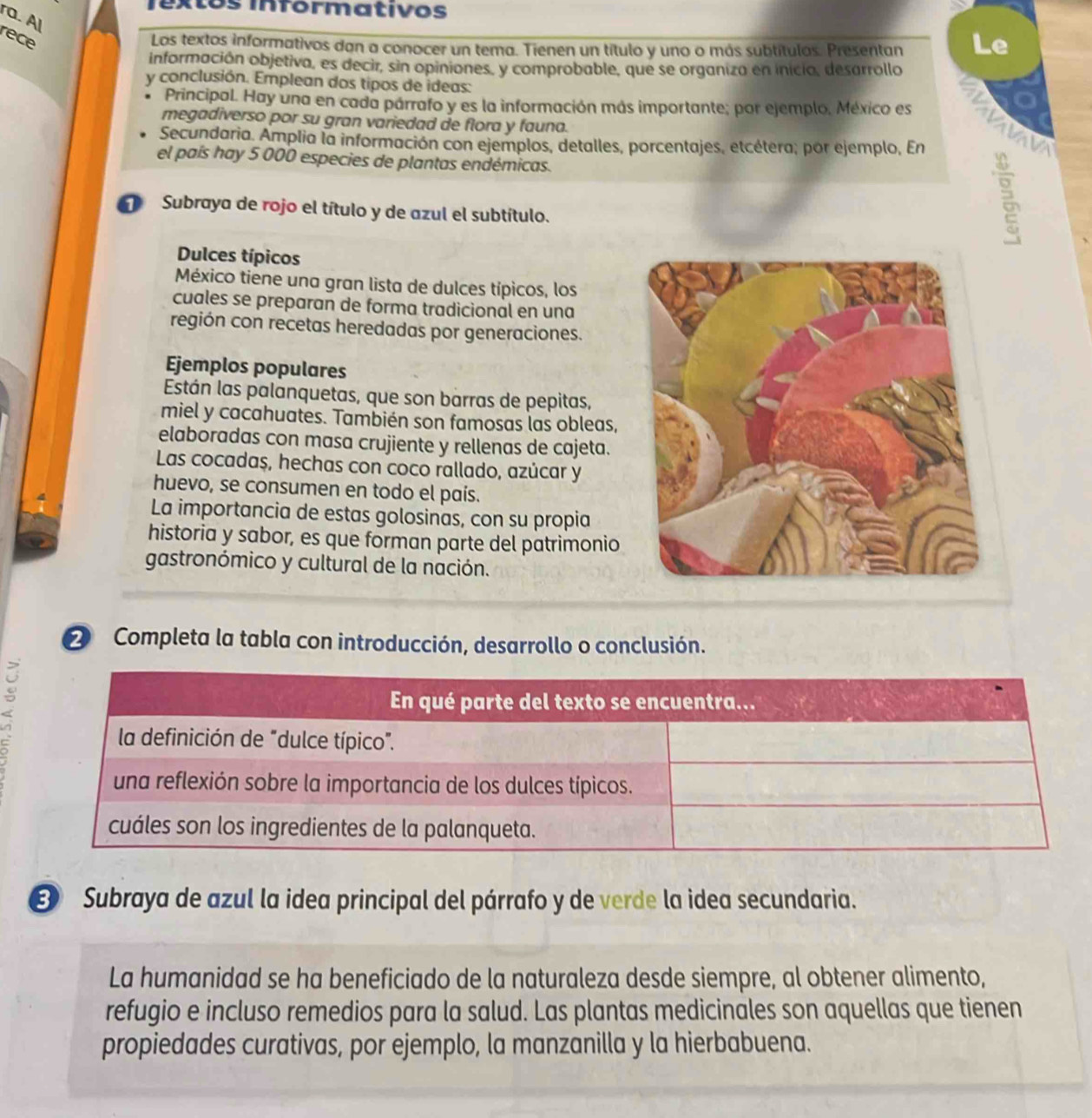 Textos informativos
ra. Al
rece
Los textos informativos dan a conocer un tema. Tienen un título y uno o más subtítulos. Presentan Le
información objetiva, es decir, sin opiniones, y comprobable, que se organiza en inicio, desarrollo
y conclusión. Emplean dos tipos de ideas:
Principal. Hay una en cada párrafo y es la información más importante; por ejemplo. México es
megadiverso por su gran variedad de flora y fauna.
VVA
Secundaria. Amplia la información con ejemplos, detalles, porcentajes, etcétera; por ejemplo, En
el país hay 5 000 especies de plantas endémicas.
Subraya de rojo el título y de azul el subtítulo.
ह
Dulces típicos
México tiene una gran lista de dulces típicos, los
cuales se preparan de forma tradicional en una
región con recetas heredadas por generaciones.
Ejemplos populares
Están las palanquetas, que son barras de pepitas,
miel y cacahuates. También son famosas las obleas,
elaboradas con masa crujiente y rellenas de cajeta.
Las cocadaş, hechas con coco rallado, azúcar y
huevo, se consumen en todo el país.
La importancia de estas golosinas, con su propia
historia y sabor, es que forman parte del patrimonio
gastronómico y cultural de la nación.
2 Completa la tabla con introducción, desarrollo o conclusión.
;
Subraya de azul la idea principal del párrafo y de verde la idea secundaria.
La humanidad se ha beneficiado de la naturaleza desde siempre, al obtener alimento,
refugio e incluso remedios para la salud. Las plantas medicinales son aquellas que tienen
propiedades curativas, por ejemplo, la manzanilla y la hierbabuena.