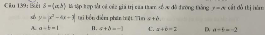 Biết S=(a;b) là tập hợp tất cả các giá trị của tham số m đề đường thẳng y=m cắt đồ thị hàm
số y=|x^2-4x+3| tại bốn điểm phân biệt. Tìm a+b.
A. a+b=1 B. a+b=-1 C. a+b=2 D. a+b=-2