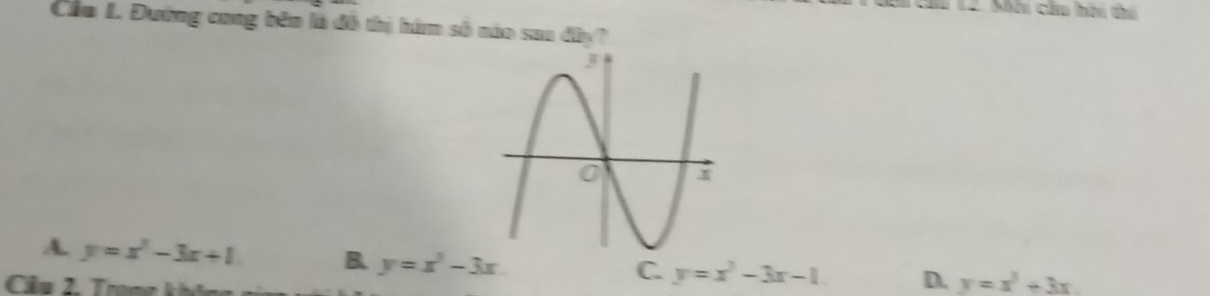 L2 Mền câu hêu thú
Cầu 1. Đường cong bên là đồ thị hám số núo san dây?
A. y=x^2-3x+1 B. y=x^2-3x
Clu . a
C. y=x^2-3x-1 D. y=x^3+3x