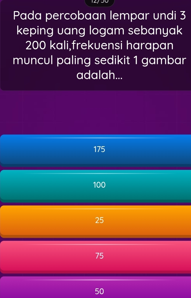 Pada percobaan lempar undi 3
keping uang logam sebanyak
200 kali,frekuensi harapan
muncul paling sedikit 1 gambar
adalah...
175
100
25
75
50