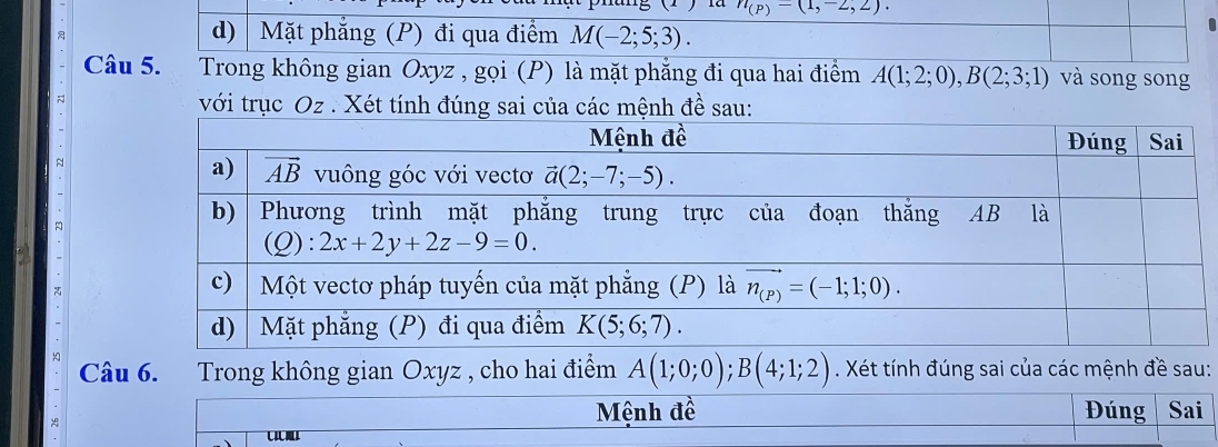 n_(P)=(1,-2,2).
d)  Mặt phẳng (P) đi qua điểm M(-2;5;3).
Câu 5. Trong không gian Oxyz , gọi (P) là mặt phẳng đi qua hai điểm A(1;2;0),B(2;3;1) và song song
với trục OzXé
Câu 6. Trong không gian Oxyz , cho hai điểm A(1;0;0);B(4;1;2). Xét tính đúng sai của các mệnh đề sau:
Mệnh đề Đúng Sai
CM