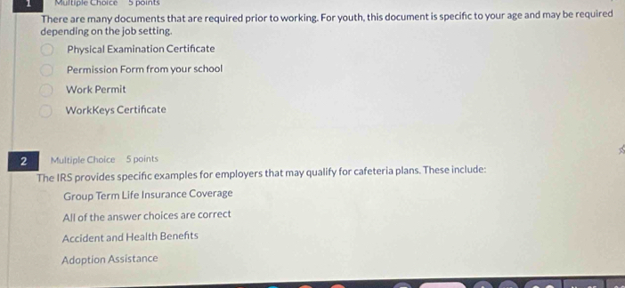 There are many documents that are required prior to working. For youth, this document is specifc to your age and may be required
depending on the job setting.
Physical Examination Certifcate
Permission Form from your school
Work Permit
WorkKeys Certifcate
2 Multiple Choice 5 points
The IRS provides specific examples for employers that may qualify for cafeteria plans. These include:
Group Term Life Insurance Coverage
All of the answer choices are correct
Accident and Health Benefts
Adoption Assistance