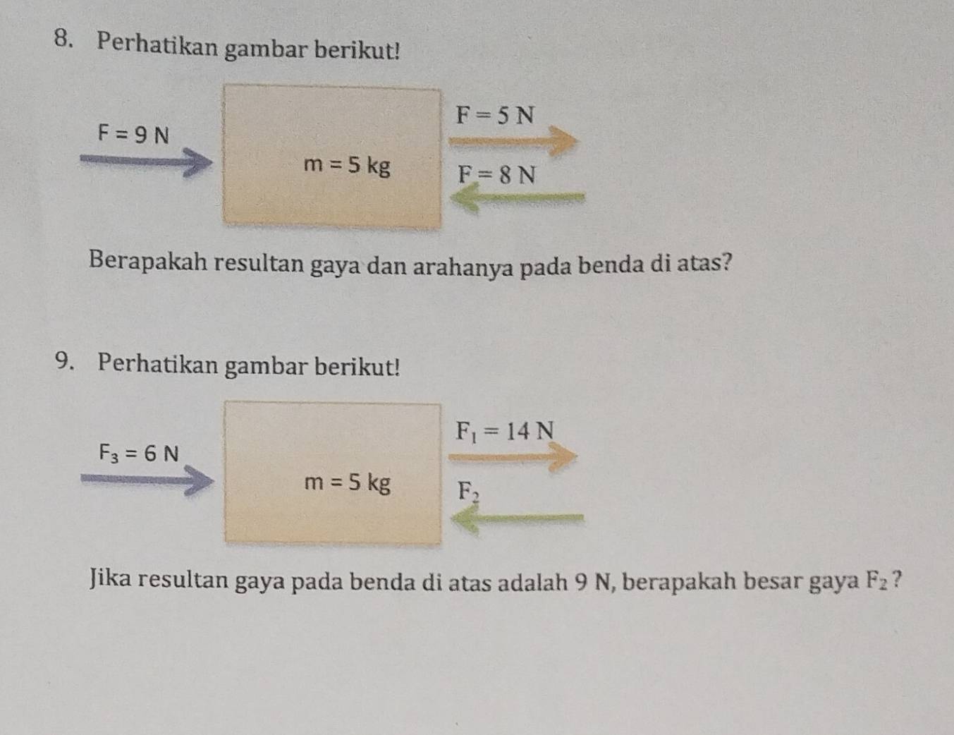 Perhatikan gambar berikut!
F=5N
F=9N
m=5kg F=8N
Berapakah resultan gaya dan arahanya pada benda di atas? 
9. Perhatikan gambar berikut!
F_1=14N
F_3=6N
m=5kg F_2
Jika resultan gaya pada benda di atas adalah 9 N, berapakah besar gaya F_2 ?