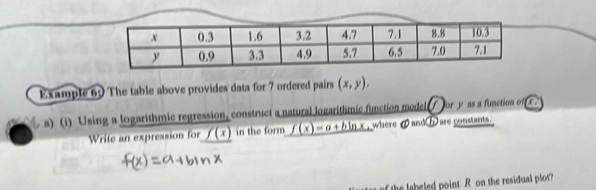 Example 69 The table above provides data for 7 ordered pairs (x,y), 
a) (i) Using a logarithmic regression, construct a natural logarithmic function model f for y as a function of( x ' 
Write an expression for _ f(x) in the form f(x)=a+bln x , where I and h are constants. 
a the labeled point R on the residual plot?