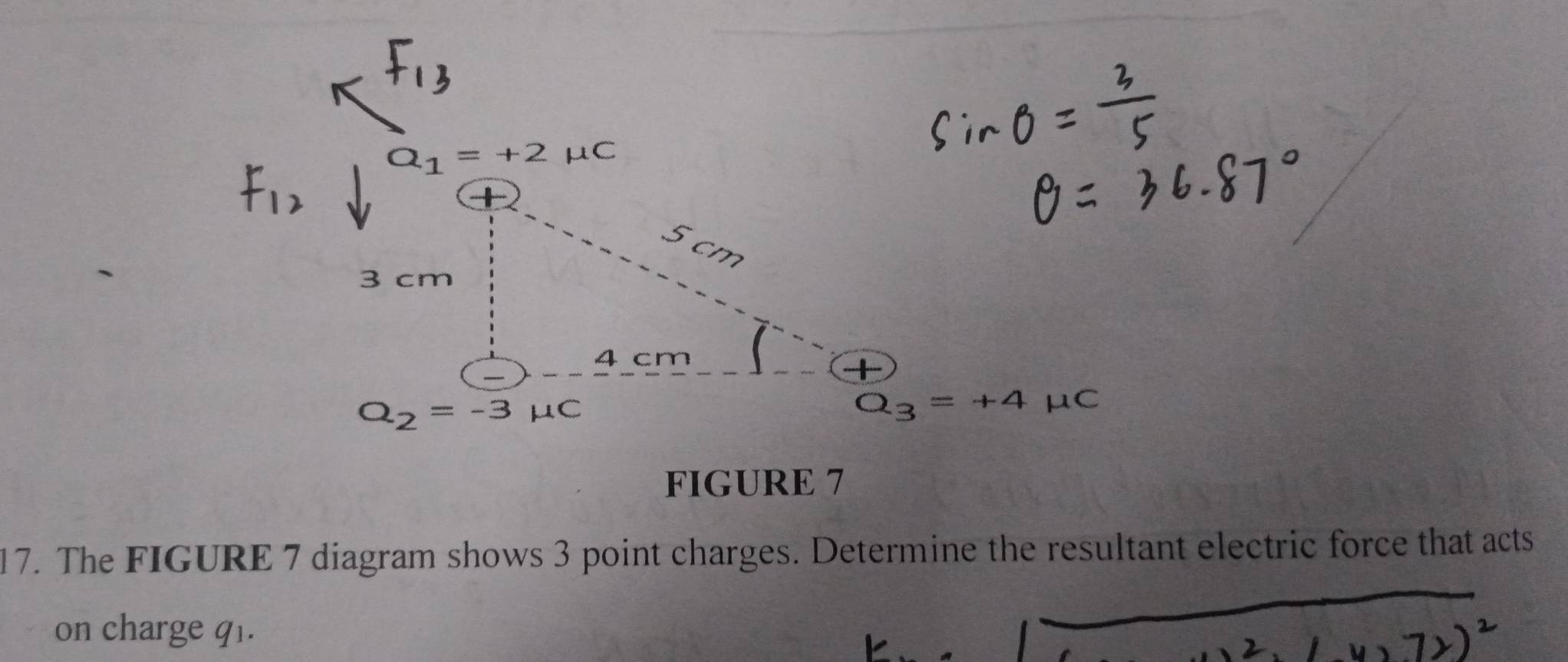 Q_1=+2mu C
5 cm
3 cm
4 cm
Q_2=-3mu C
Q_3=+4mu C
FIGURE 7 
17. The FIGURE 7 diagram shows 3 point charges. Determine the resultant electric force that acts 
on charge q1.