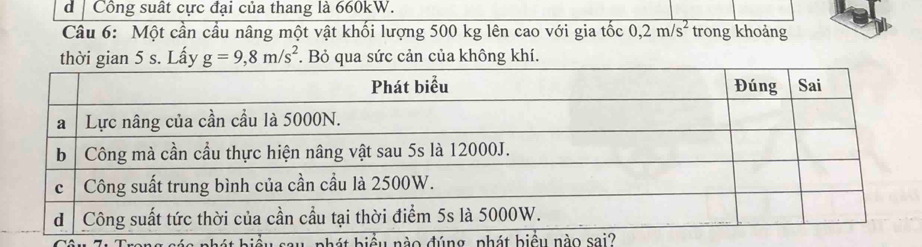 Công suất cực đại của thang là 660kW. 
Câu 6: Một cần cầu nâng một vật khối lượng 500 kg lên cao với gia tốc 0,2m/s^2 trong khoảng 
ời gian 5 s. Lấy g=9,8m/s^2. Bỏ qua sức cản của không khí. 
nề u nào đúng phát biều nào sai?