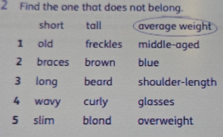 Find the one that does not belong. 
short tall average weight 
1 old freckles middle-aged
2 braces brown blue 
3 long beard shoulder-length 
4 wavy curly glasses 
5 slim blond overweight