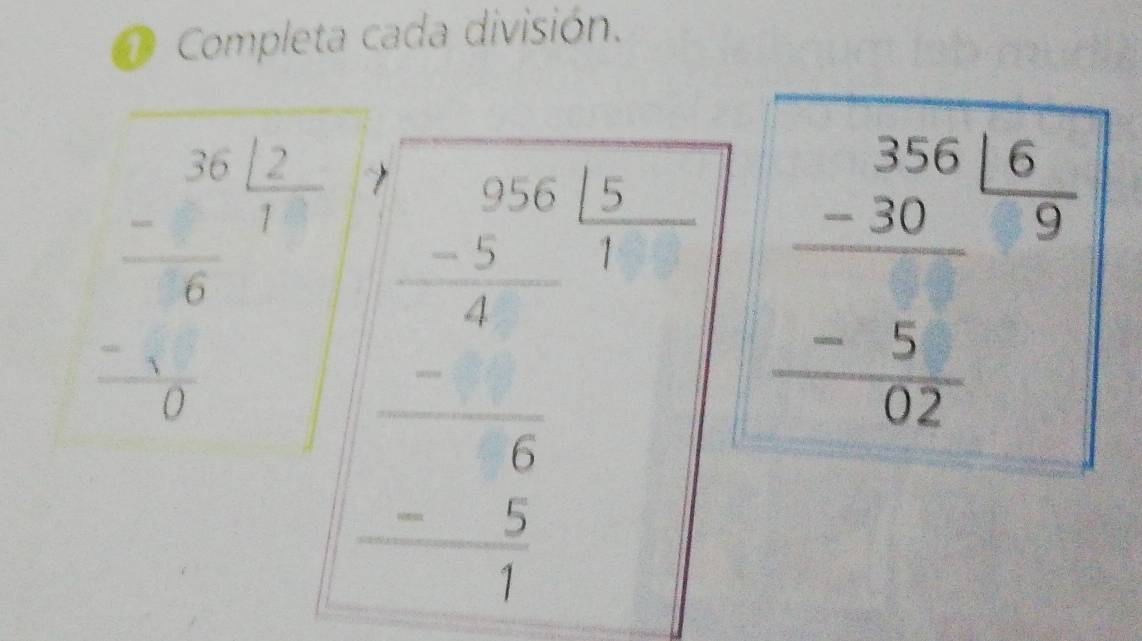 Completa cada división.
frac beginarrayr 20 -27 - hline 6endarray  -frac 0 hline 0endarray beginarrayr □ □  - □ /□   □ □ □  hline □  □ /□  endarray endarray  15/1  beginarrayr _ beginarrayr 35616 -30endarray  -5 hline 02end(array)^ |