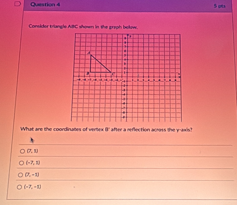 Consider triangle ABC shown in the graph below.
What are the coordinates of vertex B' after a reflection across the y-axis?
(7,1)
(-7,1)
(7,-1)
(-7,-1)