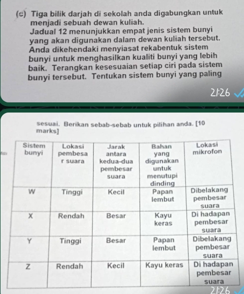 Tiga bilik darjah di sekolah anda digabungkan untuk 
menjadi sebuah dewan kuliah. 
Jadual 12 menunjukkan empat jenis sistem bunyi 
yang akan digunakan dalam dewan kuliah tersebut. 
Anda dikehendaki menyiasat rekabentuk sistem 
bunyi untuk menghasilkan kualiti bunyi yang lebih 
baik. Terangkan kesesuaian setiap ciri pada sistem 
bunyi tersebut. Tentukan sistem bunyi yang paling
21:26
sesuai. Berikan sebab-sebab untuk pilihan anda. [10 
marks] 
fezo 
21:26