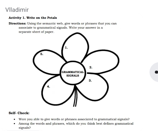 Vlladimir 
Activity 1. Write on the Petals 
Directions: Using the semantic web, give words or phrases that you can 
associate to grammatical signals. Write your answer in a 
separ 
Self- Check: 
Were you able to give words or phrases associated to grammatical signals? 
Among the words and phrases, which do you think best defines grammatical 
signals?