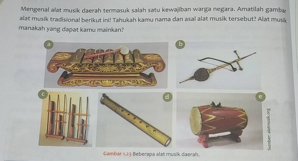 Mengenal alat musik daerah termasuk salah satu kewajiban warga negara. Amatilah gambar 
alat musik tradisional berikut ini! Tahukah kamu nama dan asal alat musik tersebut? Alat musik 
manakah yang dapat kamu mainkan? 
Gambar 1.23 Beberapa alat musik daerah.