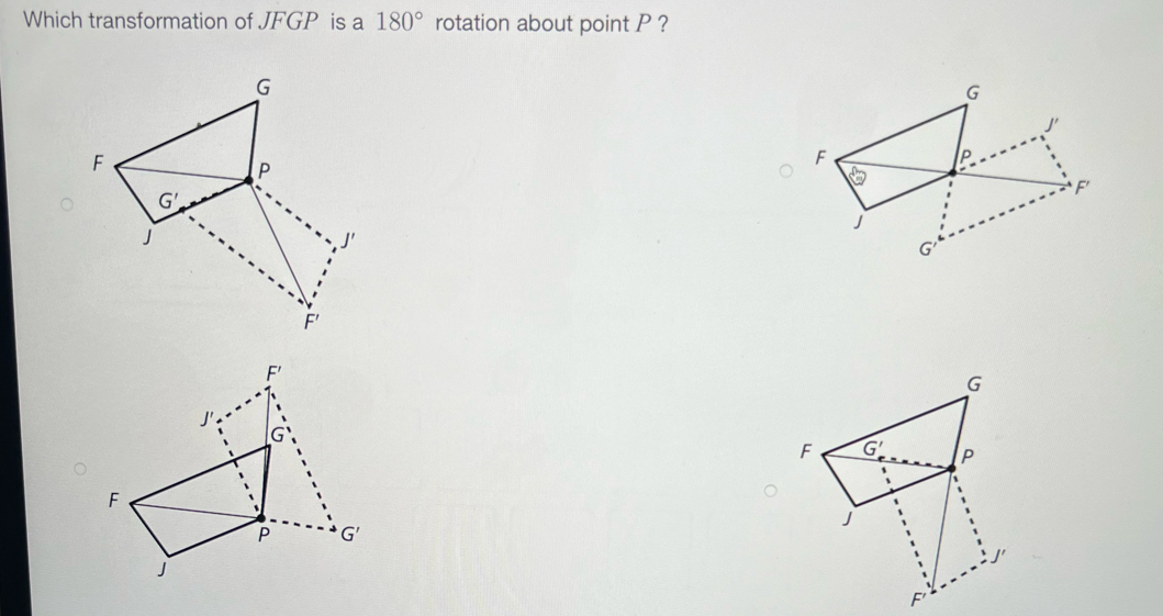 Which transformation of JFGP is a 180° rotation about point P ?