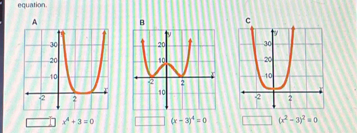 equation.
A
B
C
x^4+3=0
(x-3)^4=0
□° (x^2-3)^2=0