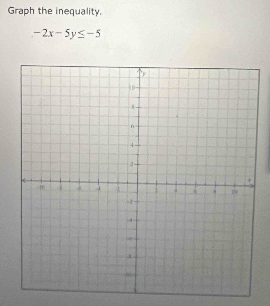 Graph the inequality.
-2x-5y≤ -5