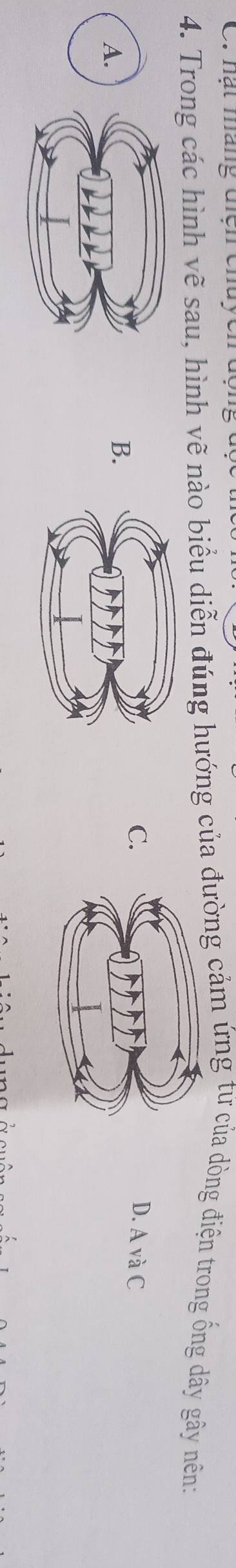 hạt máng điện chuy
4. Trong các hình vẽ sau, hình vẽ nào biểu diễn đúng hướng củaờng cảm ứng tư của dòng điện trong ống dây gây nên:
C.D. A và C
B.