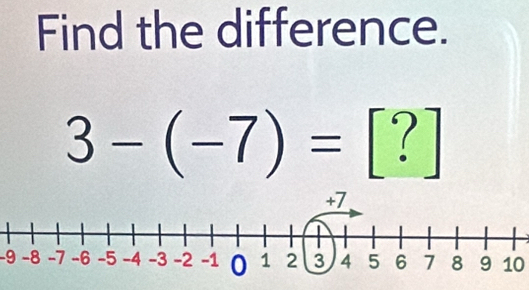 Find the difference.
3-(-7)= [?]
-910