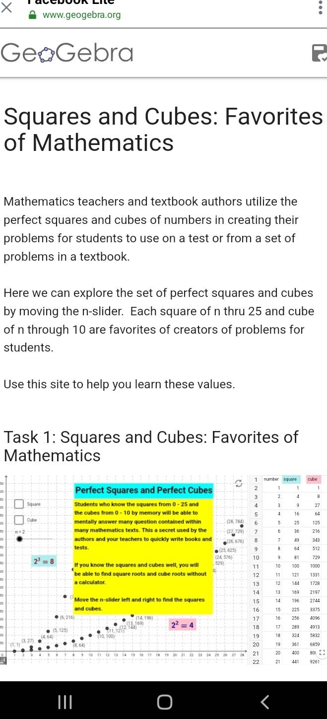 × www.geogebra. org 
GeoGebra 
Squares and Cubes: Favorites 
of Mathematics 
Mathematics teachers and textbook authors utilize the 
perfect squares and cubes of numbers in creating their 
problems for students to use on a test or from a set of 
problems in a textbook. 
Here we can explore the set of perfect squares and cubes 
by moving the n-slider. Each square of n thru 25 and cube 
of n through 10 are favorites of creators of problems for 
students. 
Use this site to help you learn these values. 
Task 1: Squares and Cubes: Favorites of 
Mathematics 
Perfect Squares and Perfect Cubes 
Square Students who know the squares from 0 - 25 and
27
the cubes from 0 - 10 by memory will be able to
64
Cabe mentally answer many question contained within (28, 78425
many mathematics texts. This a secret used by the (27,72916
authors and your teachers to quickly write books and (26, 676 43 
tests. 12 
●(25,625)
(24, 576) 29
2^3=8 If you know the squares and cubes well, you will 529 00
be able to find square roots and cube roots withou 131
a calculator 28
97
Move the n-slider left and right to find the squares 44
and cubes. 75
96
2^2=4
32
64 59
2
261
|||