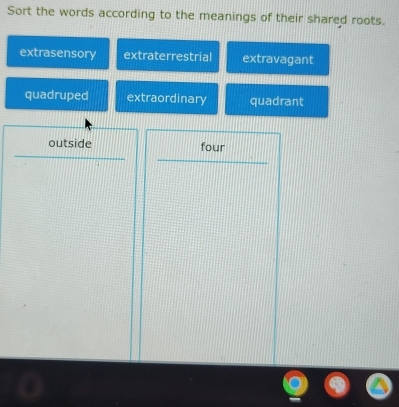 Sort the words according to the meanings of their shared roots.
extrasensory extraterrestrial extravagant
quadruped extraordinary quadrant
outside four