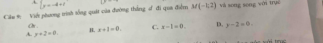 A. beginarrayl y=-4+tendarray.
Cầu 9: Viết phương trình tồng quát của đường thắng đ đi qua điểm M(-1;2) và song song với trục
(x.
A. y+2=0. B. x+1=0. C. x-1=0. D. y-2=0. 
với trục