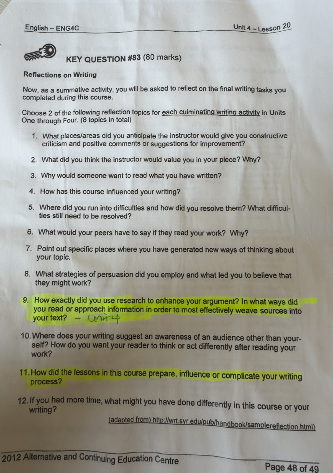 Solved: English - ENG4C Unit 4 - Lesson 20 KEY QUESTION #83 (80 marks ...