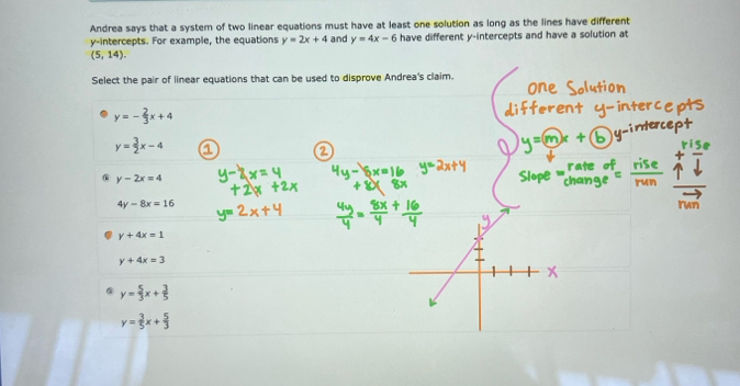 Andrea says that a system of two linear equations must have at least one solution as long as the lines have different
y-intercepts. For example, the equations y=2x+4 and y=4x-6 have different y-intercepts and have a solution at
(5,14). 
Select the pair of linear equations that can be used to disprove Andrea's claim.
y=- 2/3 x+4
y= 3/2 x-4
y-2x=4
4y-8x=16
y+4x=1
y+4x=3
y= 5/3 x+ 3/5 
y= 3/5 x+ 5/3 