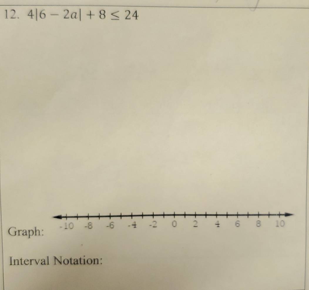 4|6-2a|+8≤ 24
Grap 
Interval Notation: