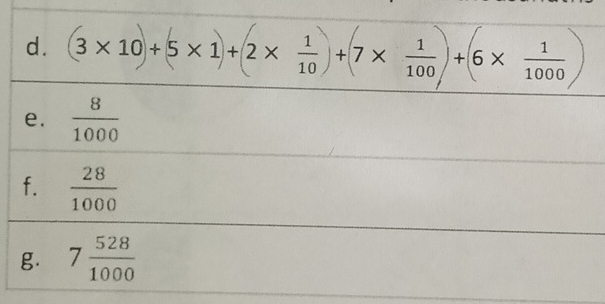 (3* 10)+5* 1+(2*  1/10 ) )+(7*  1/100  +(6*  1/1000 
e.  8/1000 
f.  28/1000 
g. 7 528/1000 