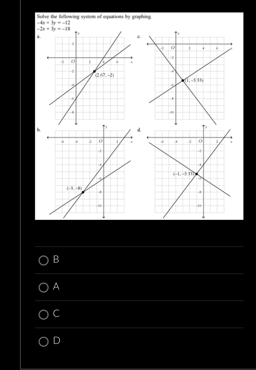 Solve the following system of equations by graphing.
-4x+3y=-12
a.
c.
b.
d.

B
A
C
D