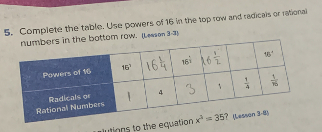 Complete the table. Use powers of 16 in the top row and radicals or rational
n the bottom row. (Lesson 3-3)
lutions to the eq