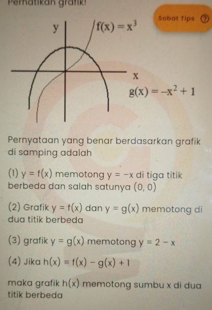 Perhatikan grafk!
Sobat Tips ⑦
g(x)=-x^2+1
Pernyataan yang benar berdasarkan grafik
di samping adalah
(1) y=f(x) memotong y=-x di tiga titik
berbeda dan salah satunya (0,0)
(2) Grafik y=f(x) dan y=g(x) memotong di
dua titik berbeda
(3) grafik y=g(x) memotong y=2-x
(4) Jika h(x)=f(x)-g(x)+1
maka grafik h(x) memotong sumbu x di dua
titik berbeda