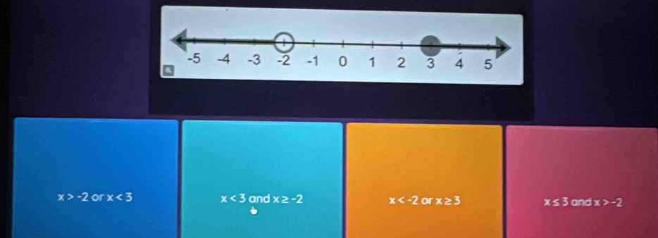 x>-2 or x<3</tex> x<3</tex> and x≥ -2 or x≥ 3 x≤ 3 and x>-2
x