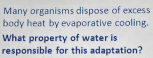 Many organisms dispose of excess 
body heat by evaporative cooling. 
What property of water is 
responsible for this adaptation?