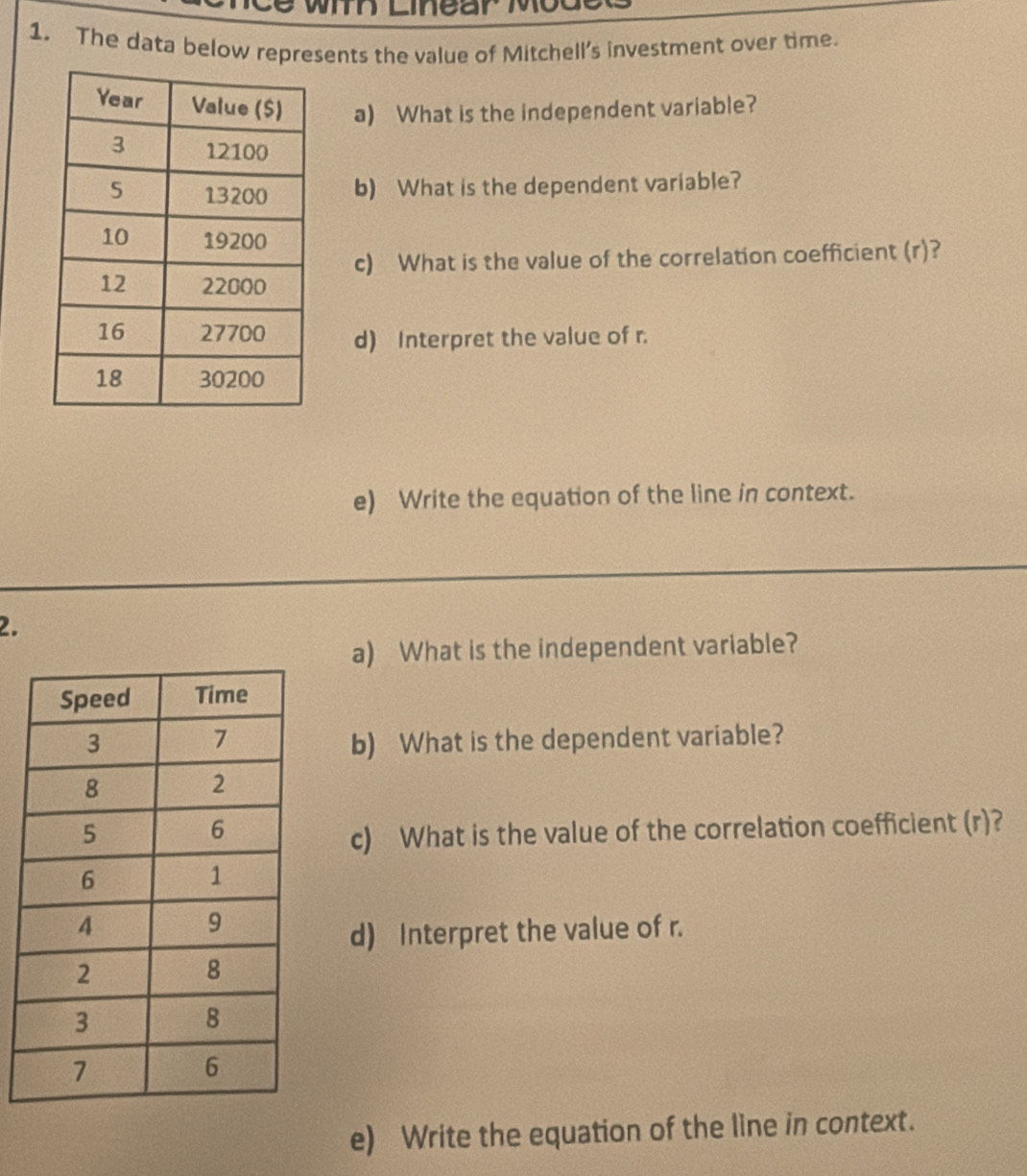 wih Linear Mo 
1. The data below represents the value of Mitchell’s investment over time. 
a) What is the independent variable? 
b) What is the dependent variable? 
c) What is the value of the correlation coefficient (r)? 
d) Interpret the value of r. 
e) Write the equation of the line in context. 
2. 
a) What is the independent variable? 
b) What is the dependent variable? 
c) What is the value of the correlation coefficient (r)? 
d) Interpret the value of r. 
e) Write the equation of the line in context.