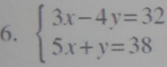 beginarrayl 3x-4y=32 5x+y=38endarray.