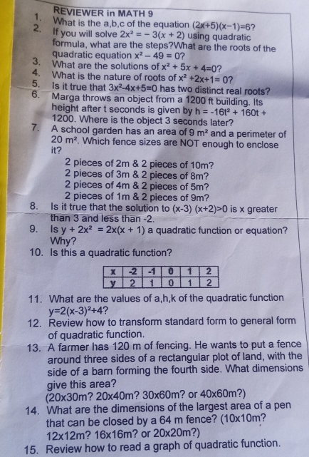 REVIEWER in MATH 9
1. What is the a,b,c of the equation (2x+5)(x-1)=6 ?
2. If you will solve 2x^2=-3(x+2) using quadratic
formula, what are the steps?What are the roots of the
quadratic equation x^2-49=0 ?
3. What are the solutions of x^2+5x+4=0 ?
4. What is the nature of roots of x^2+2x+1=0 ?
5. Is it true that 3x^2-4x+5=0 has two distinct real roots?
6. Marga throws an object from a 1200 ft building. Its
height after t seconds is given by h=-16t^2+160t+
1200. Where is the object 3 seconds later?
7. A school garden has an area of 9m^2 and a perimeter of
20m^2. Which fence sizes are NOT enough to enclose
it?
2 pieces of 2m & 2 pieces of 10m?
2 pieces of 3m & 2 pieces of 8m?
2 pieces of 4m & 2 pieces of 5m?
2 pieces of 1m & 2 pieces of 9m?
8. Is it true that the solution to (x-3)(x+2)>0 is x greater
than 3 and less than -2.
9. Is y+2x^2=2x(x+1) a quadratic function or equation?
Why?
10. Is this a quadratic function?
11. What are the values of a,h,k of the quadratic function
y=2(x-3)^2+4 ?
12. Review how to transform standard form to general form
of quadratic function.
13. A farmer has 120 m of fencing. He wants to put a fence
around three sides of a rectangular plot of land, with the
side of a barn forming the fourth side. What dimensions
give this area?
(20* 30m?20* 40m 30* 60m ? or 40* 60m ?)
14. What are the dimensions of the largest area of a pen
that can be closed by a 64 m fence? (10* 10m ?
12* 12m ? 16* 16m ? or 20* 20m' )
15. Review how to read a graph of quadratic function.