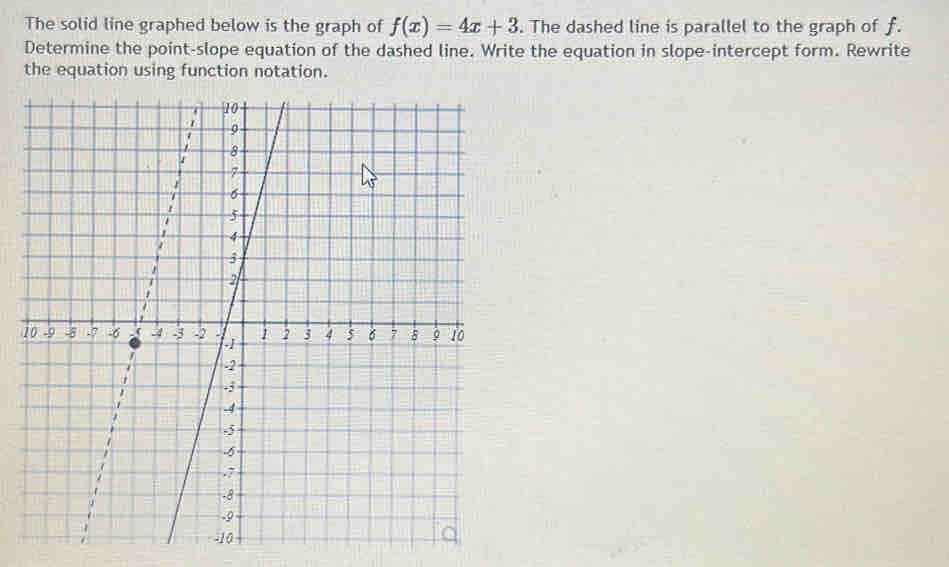 The solid line graphed below is the graph of f(x)=4x+3. The dashed line is parallel to the graph of f. 
Determine the point-slope equation of the dashed line. Write the equation in slope-intercept form. Rewrite 
the equation using function notation. 
1