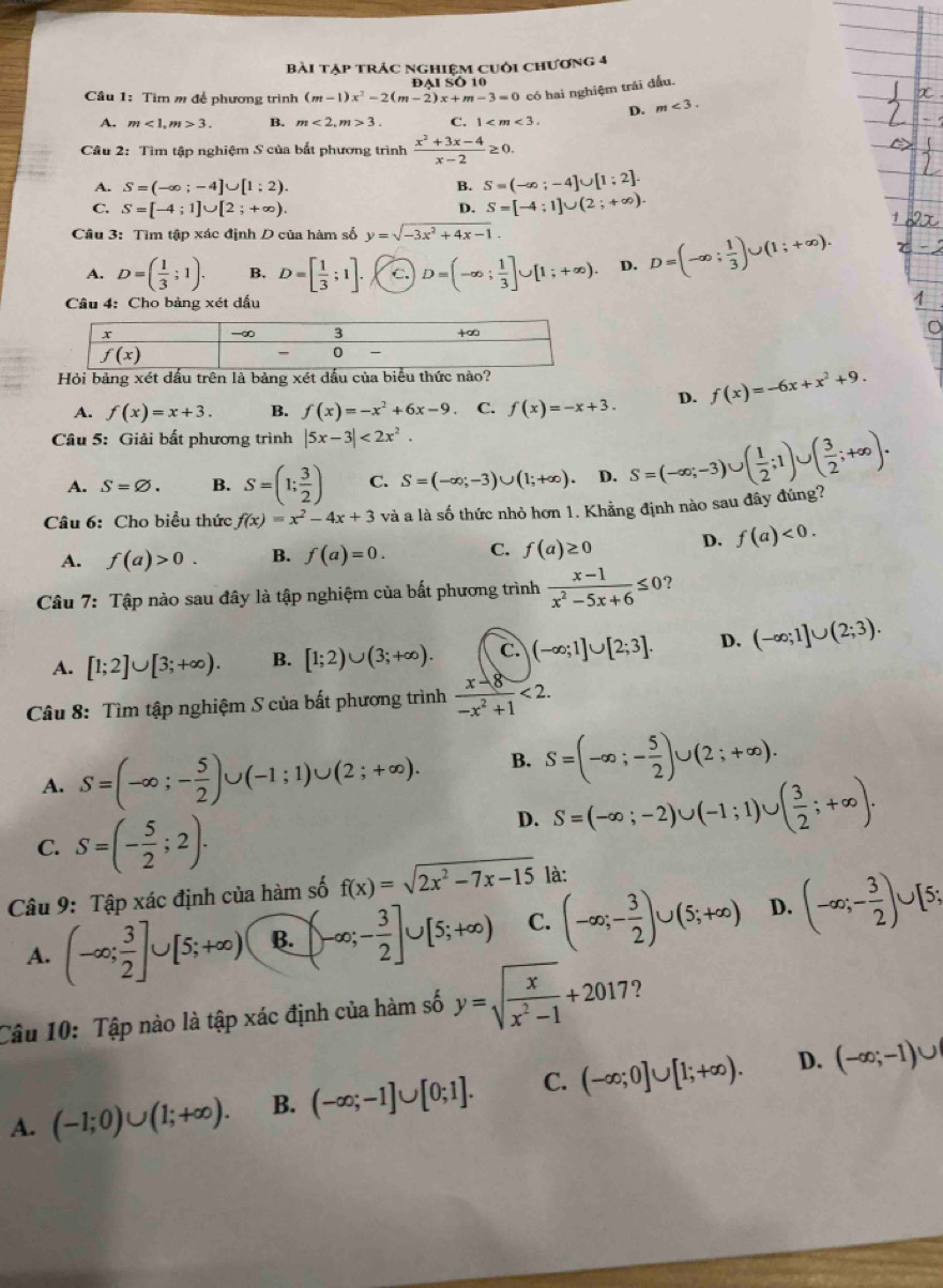 Bài tập trÁc nghiệm cuôi chương 4
ĐạI SÖ 10
Cầu 1: Tìm m để phương trình (m-1)x^2-2(m-2)x+m-3=0 có hai nghiệm trái đầu.
A. m<1,m>3. B. m<2,m>3. C. 1 D. m<3.
Câu 2: Tìm tập nghiệm S của bất phương trình  (x^2+3x-4)/x-2 ≥ 0.
A. S=(-∈fty ;-4]∪ [1;2). B. S=(-∈fty ;-4]∪ [1;2].
C. S=[-4;1]∪ [2;+∈fty ). D. S=[-4;1]∪ (2;+∈fty ).
Câu 3: Tìm tập xác định D của hàm số y=sqrt(-3x^2+4x-1).
A. D=( 1/3 ;1). B. D=[ 1/3 ;1]. C. D=(-∈fty ; 1/3 ]∪ [1;+∈fty ). D. D=(-∈fty ; 1/3 )∪ (1;+∈fty ).
Câu 4: Cho bảng xét dầu
Hỏi bảng xét đ trên là bảng x
A. f(x)=x+3. B. f(x)=-x^2+6x-9 C. f(x)=-x+3. D. f(x)=-6x+x^2+9.
Câu 5: Giải bất phương trình |5x-3|<2x^2.
A. S=varnothing . B. S=(1; 3/2 ) C. S=(-∈fty ;-3)∪ (1;+∈fty ). D. S=(-∈fty ;-3)∪ ( 1/2 ;1)∪ ( 3/2 ;+∈fty ).
Câu 6: Cho biểu thức f(x)=x^2-4x+3 và a là số thức nhỏ hơn 1. Khẳng định nào sau đây đúng?
A. f(a)>0. B. f(a)=0. C. f(a)≥ 0 D. f(a)<0.
Câu 7: Tập nào sau đây là tập nghiệm của bất phương trình  (x-1)/x^2-5x+6 ≤ 0 ?
A. [1;2]∪ [3;+∈fty ). B. [1;2)∪ (3;+∈fty ). c. (-∈fty ;1]∪ [2;3]. D. (-∈fty ;1]∪ (2;3).
Câu 8: Tìm tập nghiệm S của bất phương trình  (x-8)/-x^2+1 <2.
A. S=(-∈fty ;- 5/2 )∪ (-1;1)∪ (2;+∈fty ). B. S=(-∈fty ;- 5/2 )∪ (2;+∈fty ).
C. S=(- 5/2 ;2).
D. S=(-∈fty ;-2)∪ (-1;1)∪ ( 3/2 ;+∈fty ).
Câu 9: Tập xác định của hàm số f(x)=sqrt(2x^2-7x-15) là:
A. (-∈fty ; 3/2 ]∪ [5;+∈fty ) B. (-∈fty ;- 3/2 ]∪ [5;+∈fty ) C. (-∈fty ;- 3/2 )∪ (5;+∈fty ) D. (-∈fty ;- 3/2 )∪ [5;
Câu 10: Tập nào là tập xác định của hàm số y=sqrt(frac x)x^2-1+2017 ?
A. (-1;0)∪ (1;+∈fty ). B. (-∈fty ;-1]∪ [0;1]. C. (-∈fty ;0]∪ [1;+∈fty ). D. (-∈fty ;-1)∪