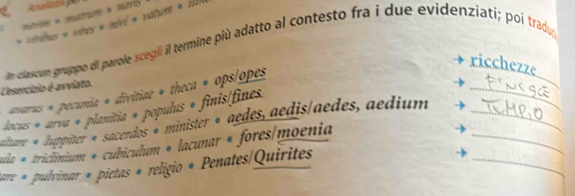 mhine+(mpan+man 
=ndiaybsin 5+n+m^n 
n clascun gruppo di parole scegili il termine più adatto al contesto fra i due evidenziati; poi traduy 
ricchezze 
Lesercizio é avviato. 
_ 
avarus + pecunia * divitiae * theca * ops/opes 
locus * arva + planitia + populus + finis/fines 
altaure « Juppiter « sacerdos « minister « aedes, aedis/aedes, aedium__ 
_ 
* ulla « 2riclinium * cubiculum • lacunar * fores/moenia 
*are « pulvinar * pietas « religio « Penates/Quirites