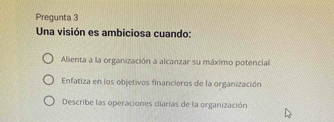 Pregunta 3
Una visión es ambiciosa cuando:
Alienta a la organización a alcanzar su máximo potencial
Enfatiza en los objetivos financieros de la organización
Describe las operaciones diarias de la organización