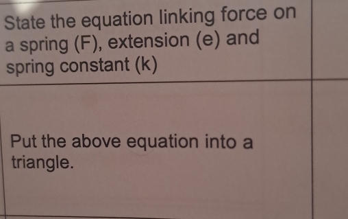 State the equation linking force on 
a spring (F), extension (e) and 
spring constant (k) 
Put the above equation into a 
triangle.