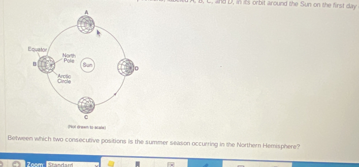 A, B, C, and D, in its orbit around the Sun on the first day
(Not drawn to scale) 
Between which two consecutive positions is the summer season occurring in the Northern Hemisphere? 
Zoom Standard