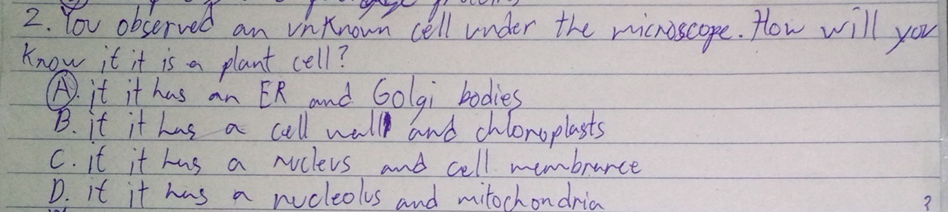 You observed an vn Known cell under the micnoscope. How will you
know it it is a plant cell?
④ it it has an ER and Golgi bodies
B. it it has a cell wall and chlonoplasts
C. It it hus a noclers and cell membrurce
D. it it has a nucleolus and mitochondria