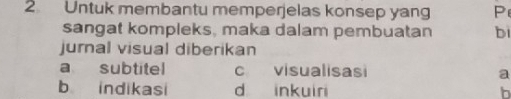 Untuk membantu memperjelas konsep yang P
sangat kompleks, maka dalam pembuatan bi
jurnal visual diberikan
a subtitel c visualisasi a
b indikasi d inkuiri b