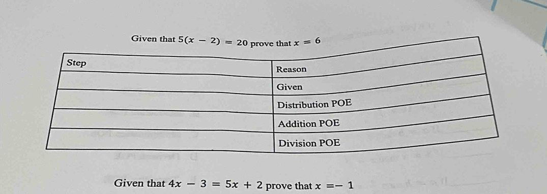 Given that 4x-3=5x+2 prove that x=-1