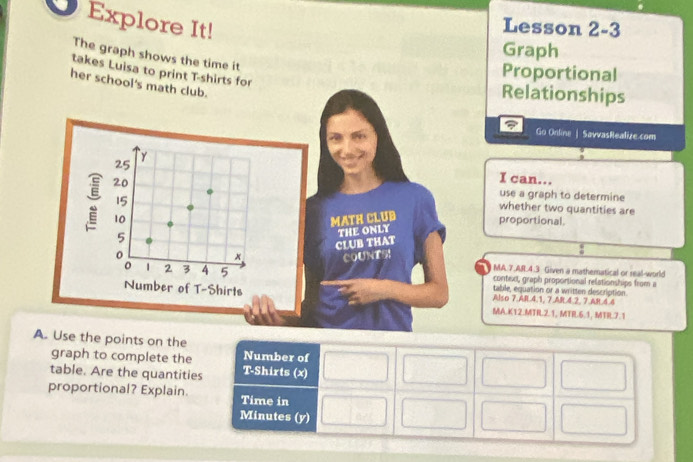 a Explore It! 
Lesson 2-3 
Graph 
The graph shows the time it 
takes Luisa to print T-shirts for 
Proportional 
her school's math club. 
Relationships 
Go Online | SavvasRealize.com 
y
25
: 20
I can..
15
use a graph to determine 
whether two quantities are 
10 MATH CLUB proportional. 
5 
CLUB THAT THE ONLY 
COUNTS 
J MA.7.AR.4.3 Given a mathematical or real-world
1 2 3 4 5 contex, graph propontional relationships from a 
table, equation or a written description. 
Also 7 AR 4.1, 7.AR 4 2, 7 AR 4.4
Number of T-Shirts MA.K12.MTRL2.1, MTR.6.1, MTRL7.1 
A. Use the points on the 
graph to complete the Number of 
table. Are the quantities T-Shirts (x) 
proportional? Explain. Time in 
Minutes (y)