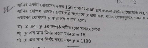 12 2 
शानिज धकोी (वांफटनत अछन 150 शाय। भिनं 50 थम अबटनद अकटी याटणतर म् किडून 
शानित् ८वाजन ज्ाशिल। (वोफटलत मश्थाटक X प्रात्रा अन१ शानित्र (वाडनभुटनाज ७खन ७ न 
७खटनत दयाशकन y प्रोत्ञांथकाग कन्ना शटना। 
क) x धव१ y ७् म्भर्क जवीकनन् माशाटम (नाथा। 
शं) y ७द भान निर्नन्न कट्ञा यथन x=15
श) χ ७त भान निर्नग्न कट्ा यशन y=1100